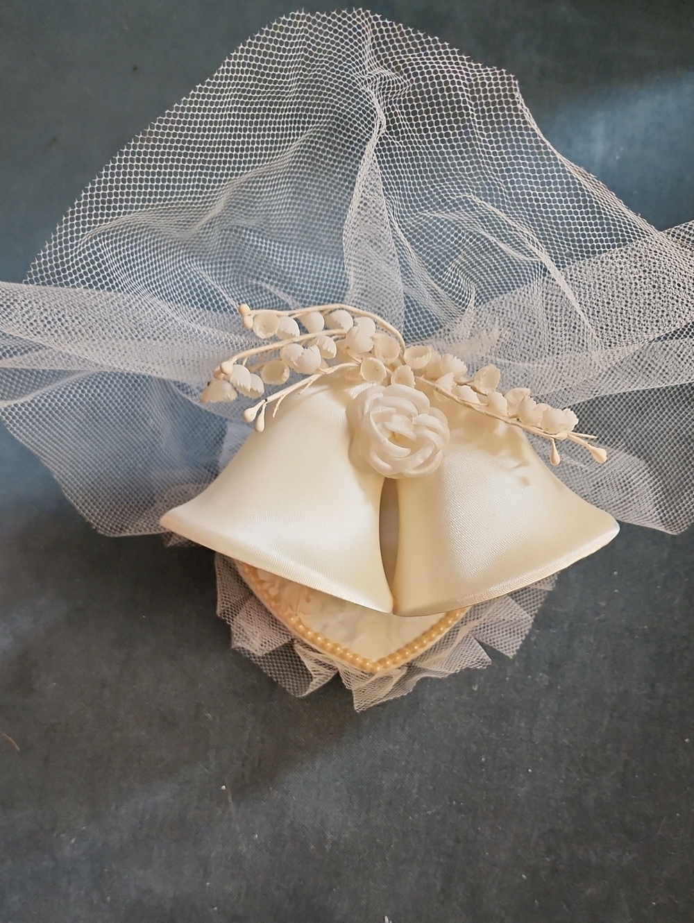 Ivory Satin Wedding Bells with Lily Of The Valley Accent. Cake Topper. Vintage